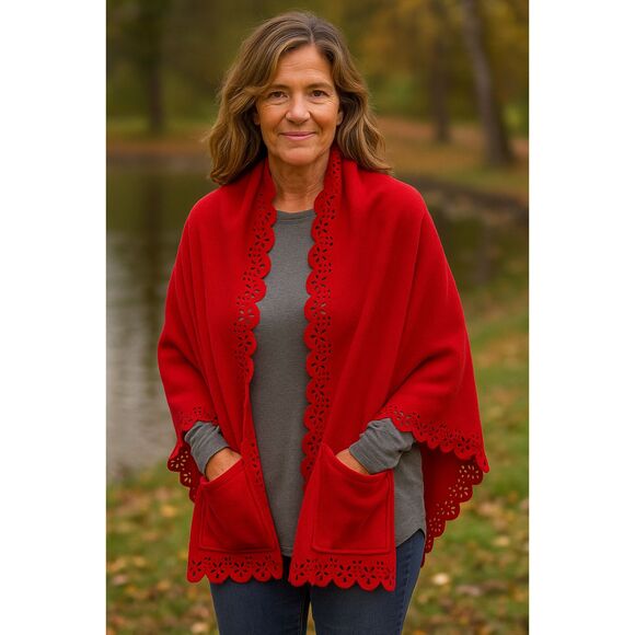 Plow & Hearth Red Fleece Scalloped Edge Pocket Shawl Blanket Campfire Wrap OS #C - Picture 1 of 6